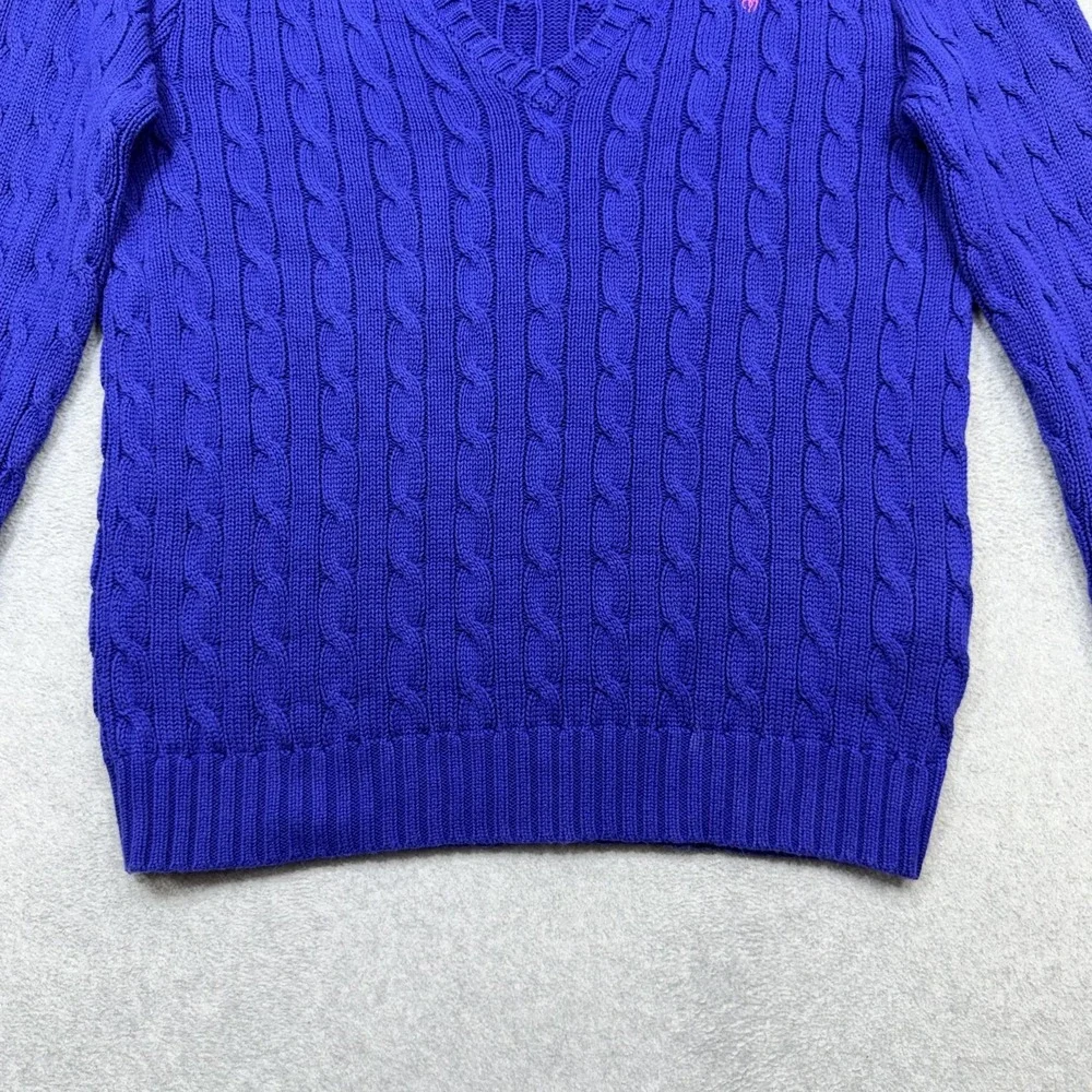 Ralph Lauren Sport Sweater Womens XL Blue Cotton Cable Knit V Neck Pullover